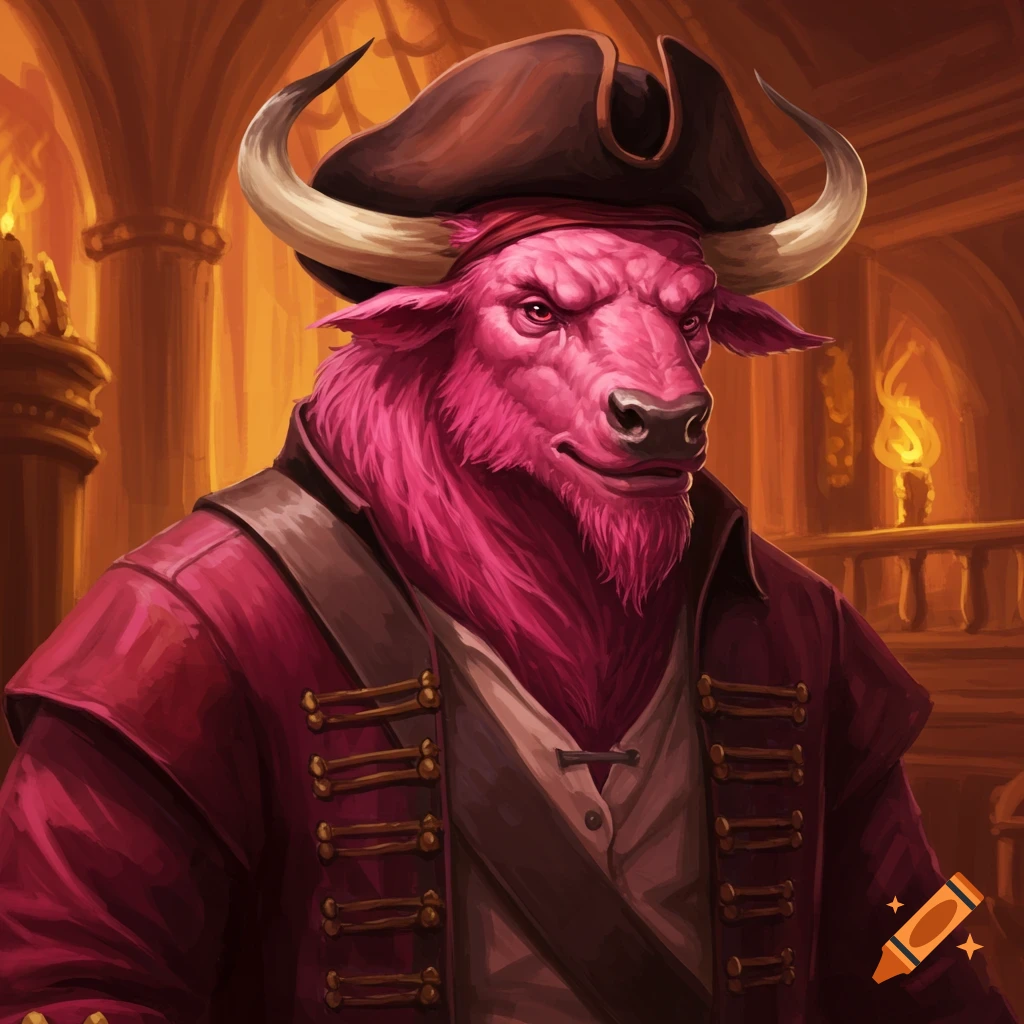 A pink minotaur in a pirate hat and coat in a room with pillars.
