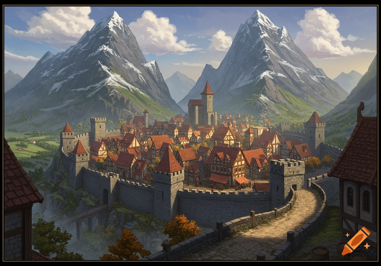 A walled city nestled in a mountain valley.
