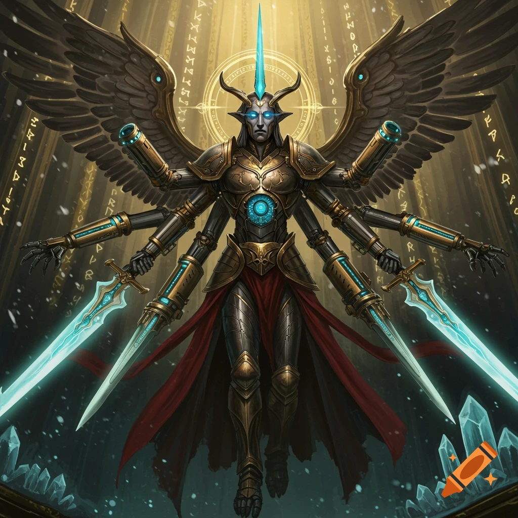A mechanical angel god with multiple arms holding swords in a glowing chamber.