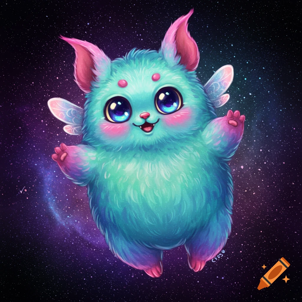Cute fluffy turquoise creature with wings floating in space, smiling and waving.