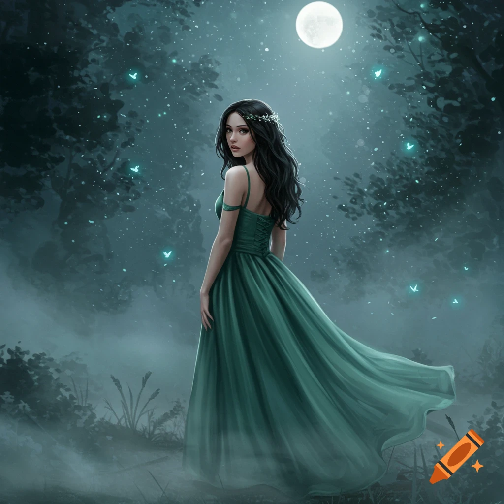 A woman in a green dress stands in a misty forest under a full moon, looking over her shoulder. Digital art.