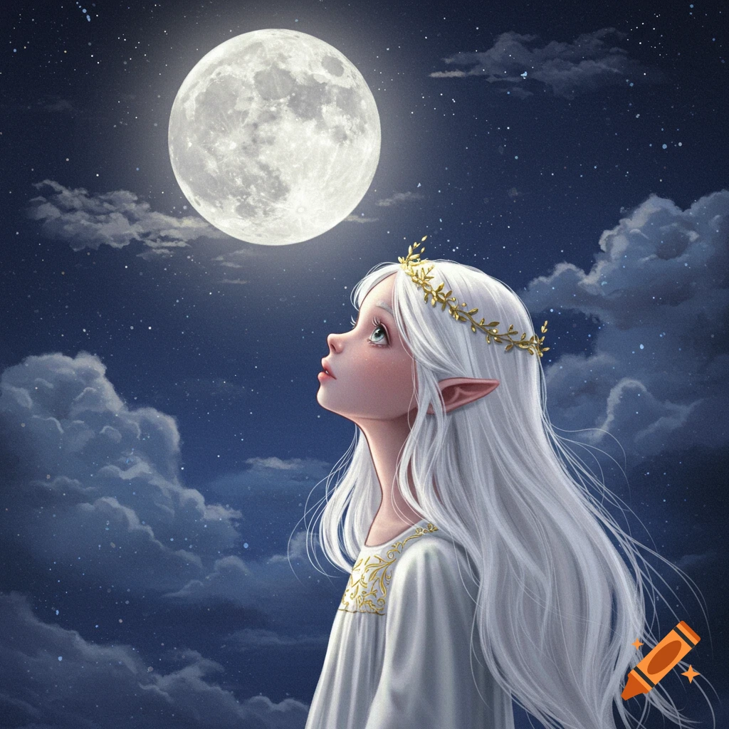 A white-haired girl with a crown looks up at a full moon in a starry sky with clouds.