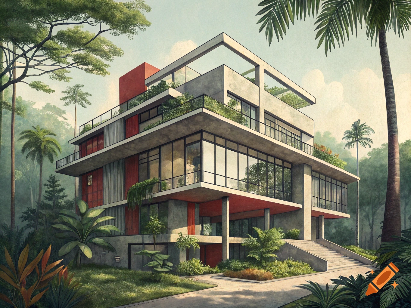 Modernist building with concrete and glass in a lush tropical setting.