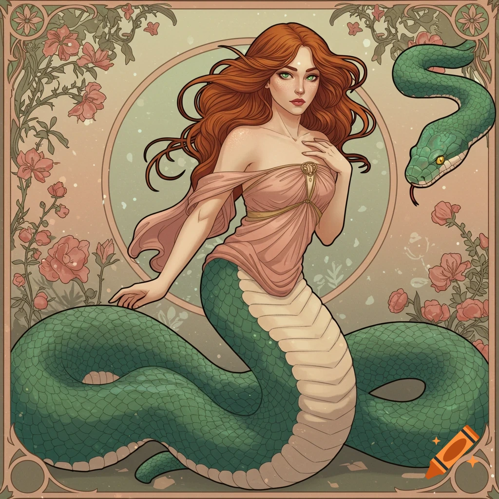 A red-haired woman with a snake body is depicted in a decorative floral frame