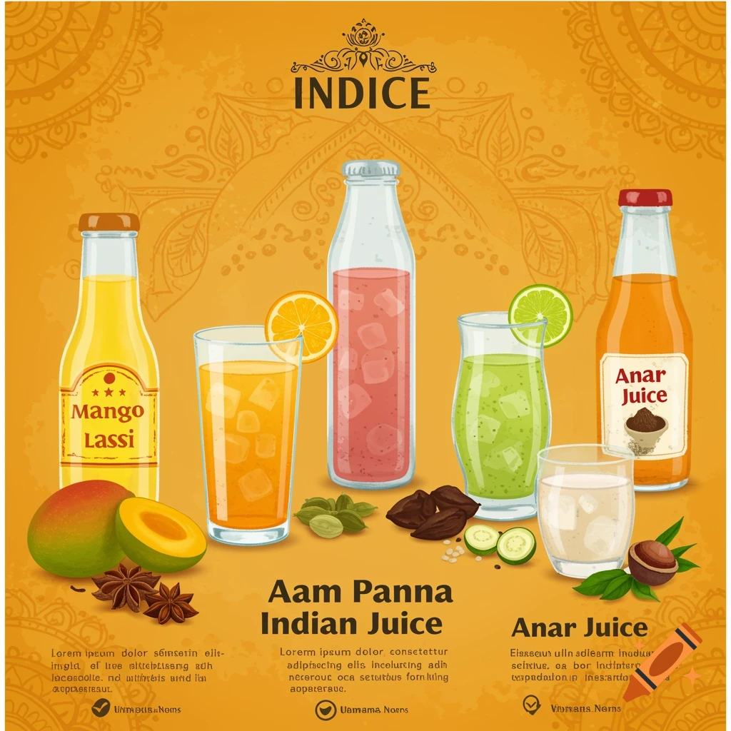 Vector illustration of Indian juices like Mango Lassi, Aam Panna, and Anar, with fruits and spices.