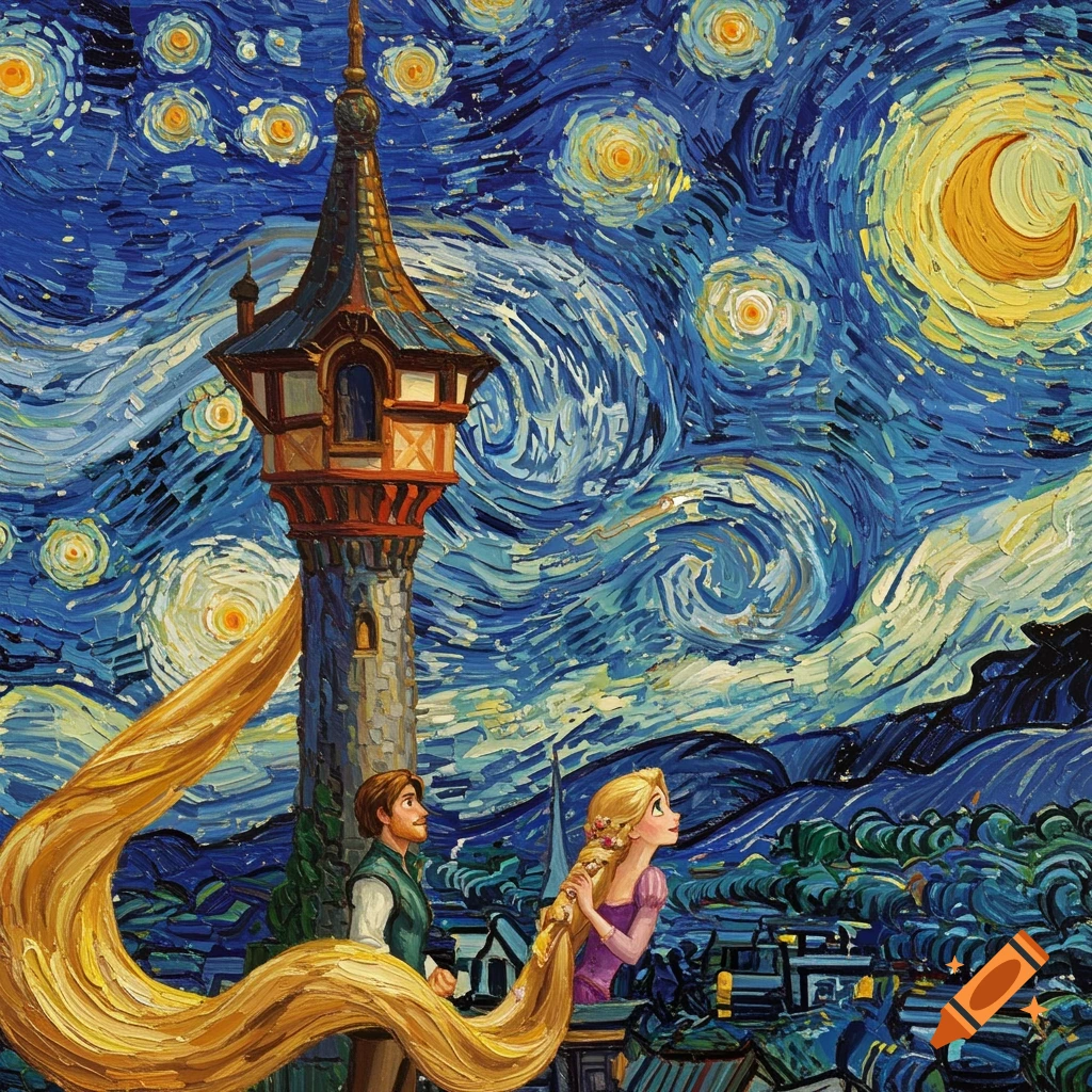 Rapunzel and Eugene by a tower under a starry night sky, in the style of Van Gogh painting.