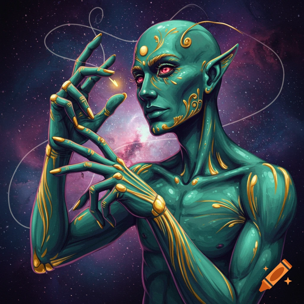 A green alien-like creature with golden markings, pointed ears, and red eyes, manipulating light against a starry space background.