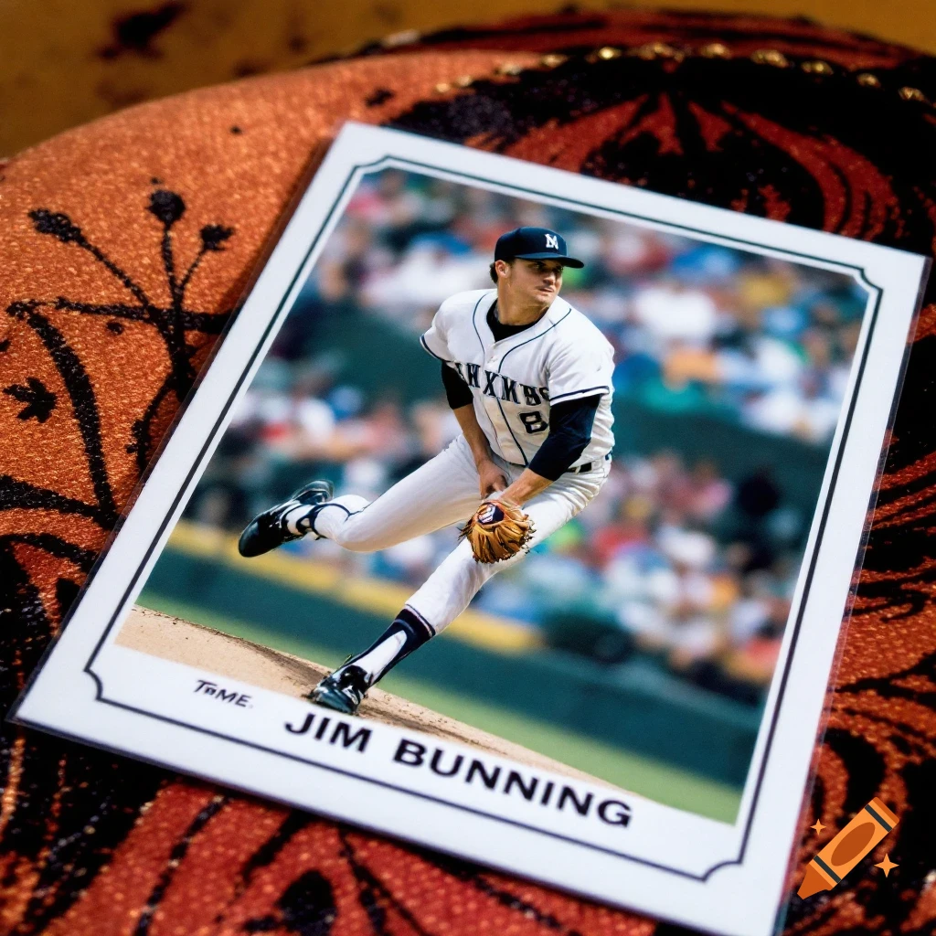 Photographic close-up of a Jim Bunning baseball card on an orange and black patterned surface.