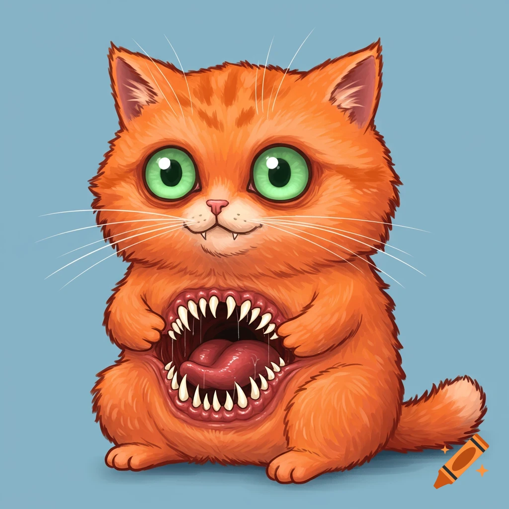 An orange cat illustration opens its stomach to reveal a monstrous mouth with sharp teeth and a tongue.