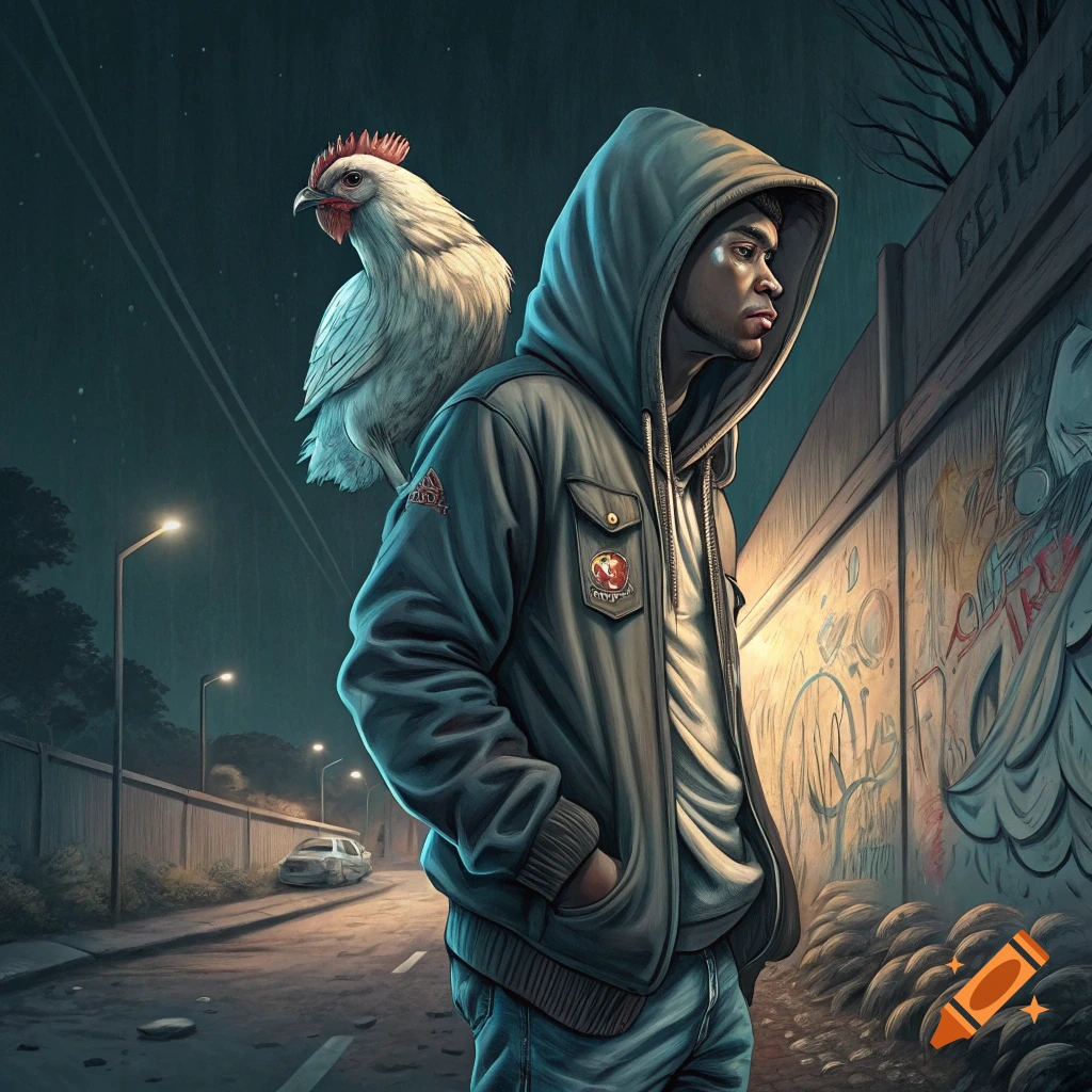 An illustration of a person in a hoodie standing by a graffiti wall at night with a chicken on their shoulder.