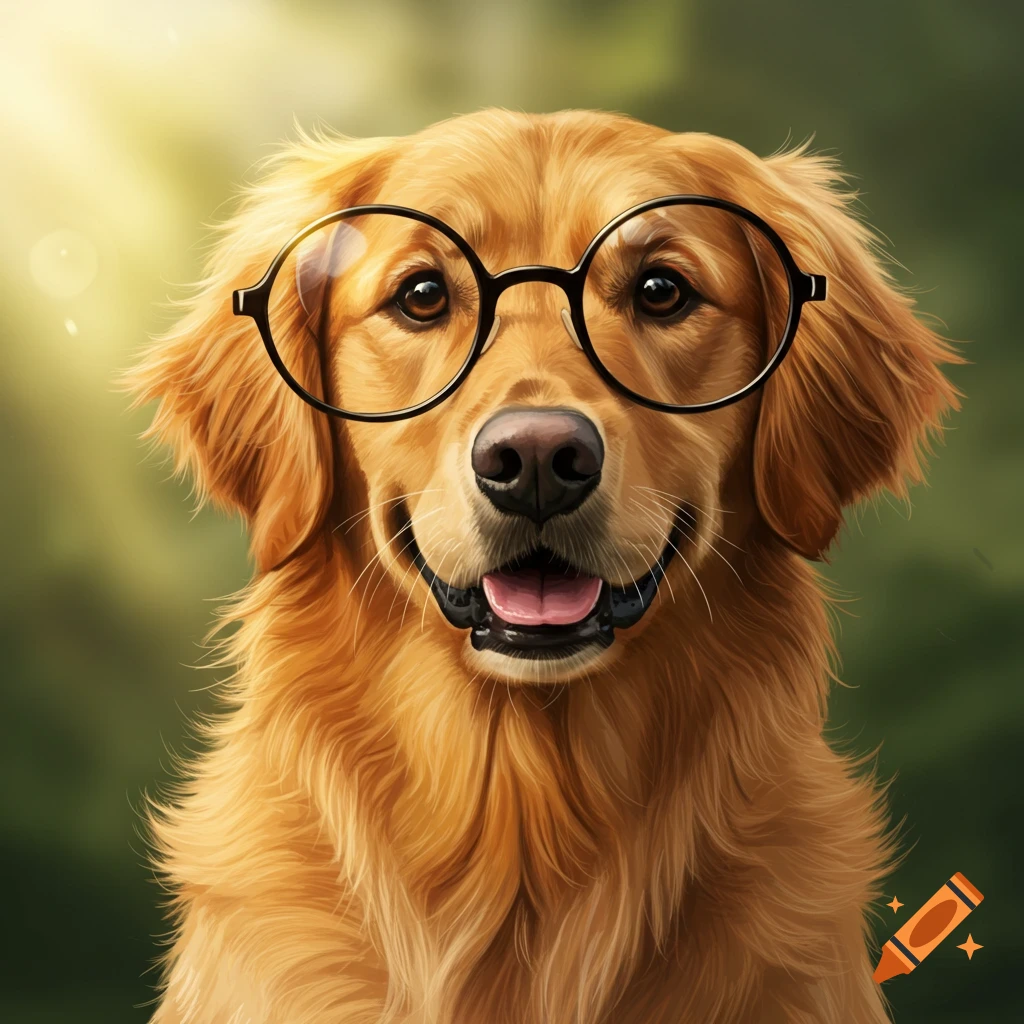 A golden retriever dog wearing black-rimmed glasses.