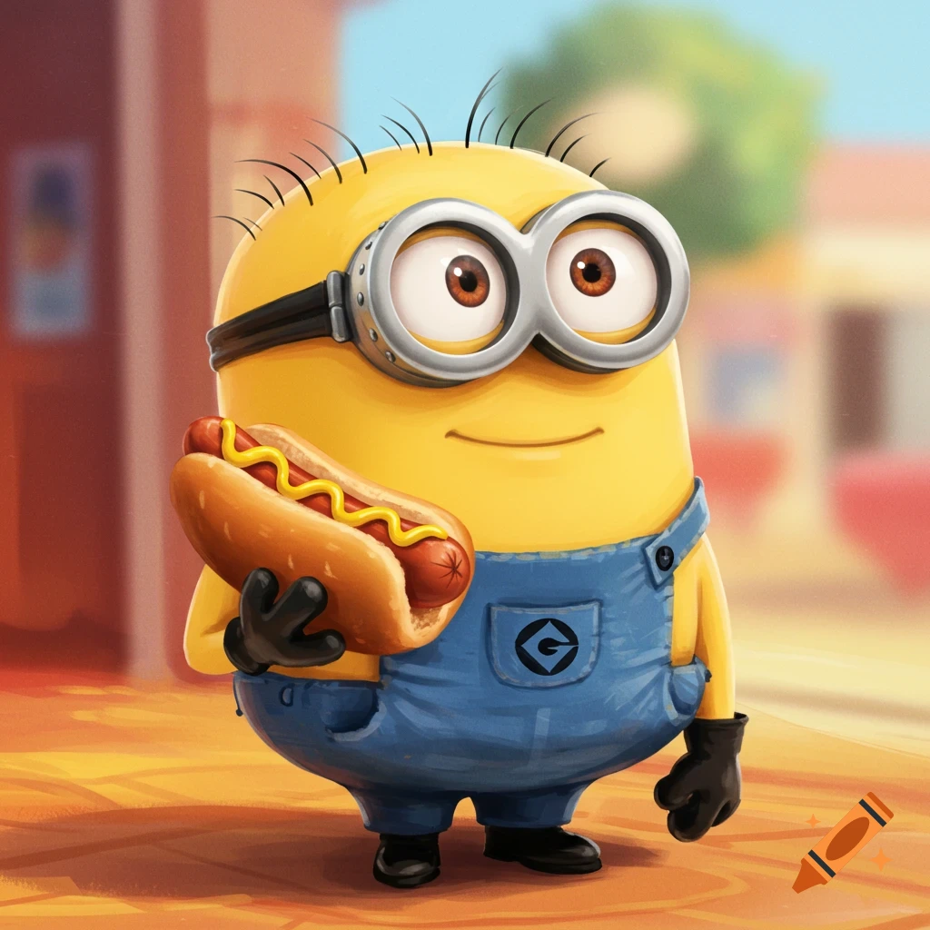 A Minion character in overalls holds a hotdog with mustard.