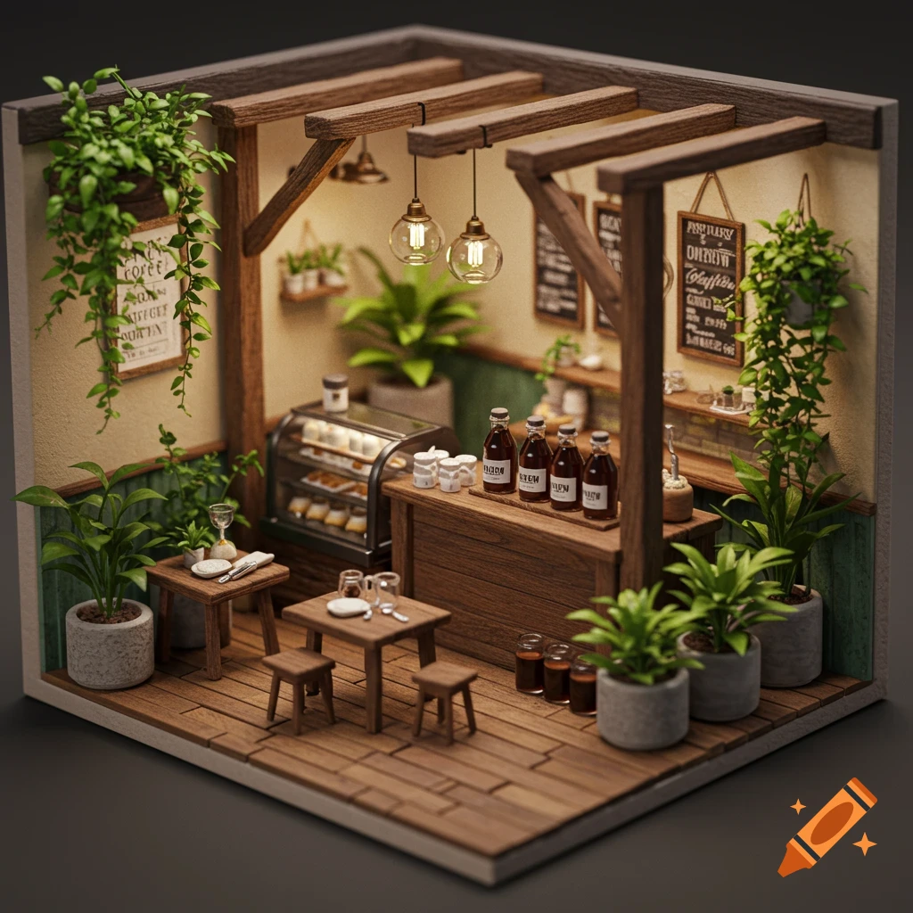 A miniature diorama of a cafe with plants, wooden beams, tables, and a counter.