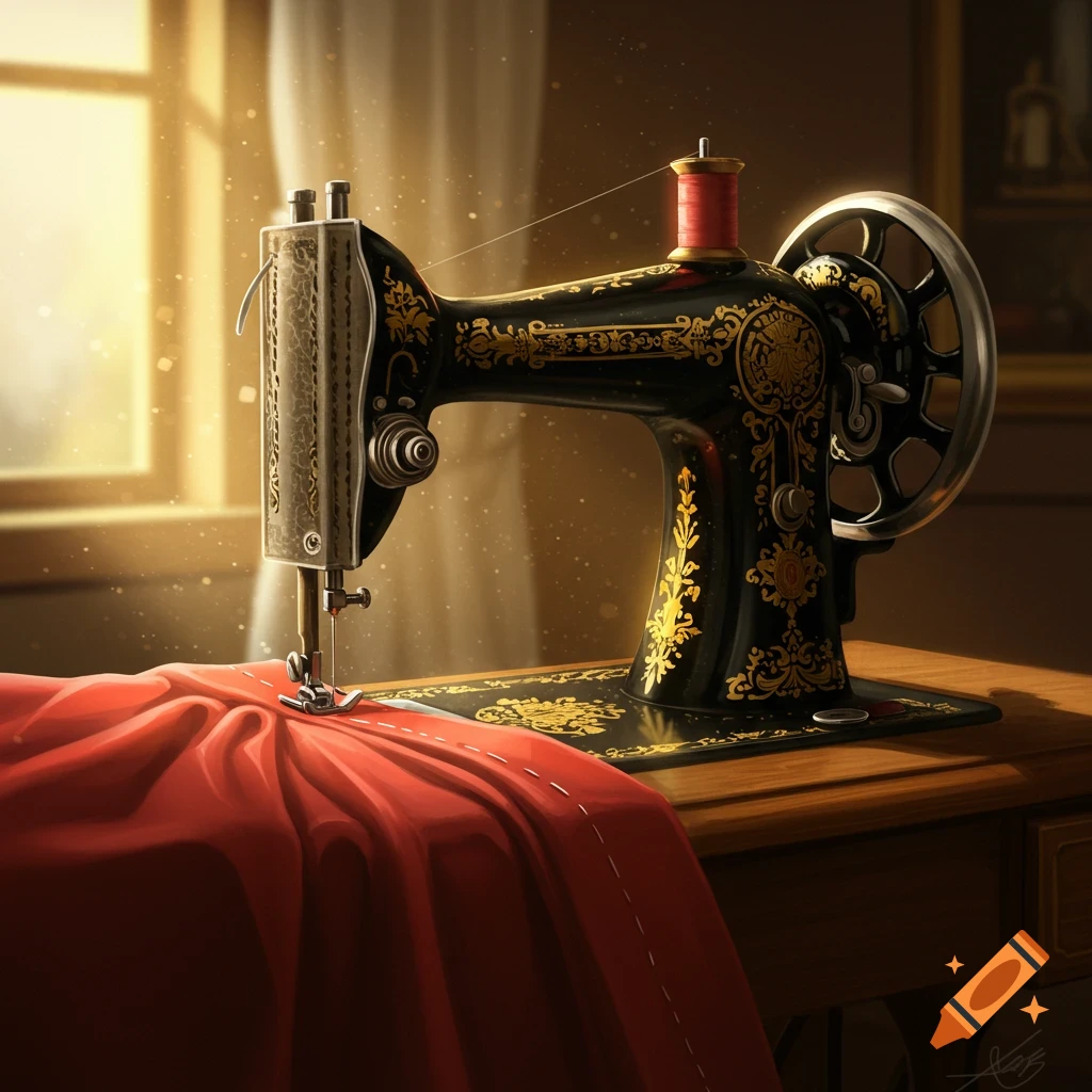 A vintage sewing machine sits on a wooden table, with red fabric placed under the needle. Window light illuminates the scene.