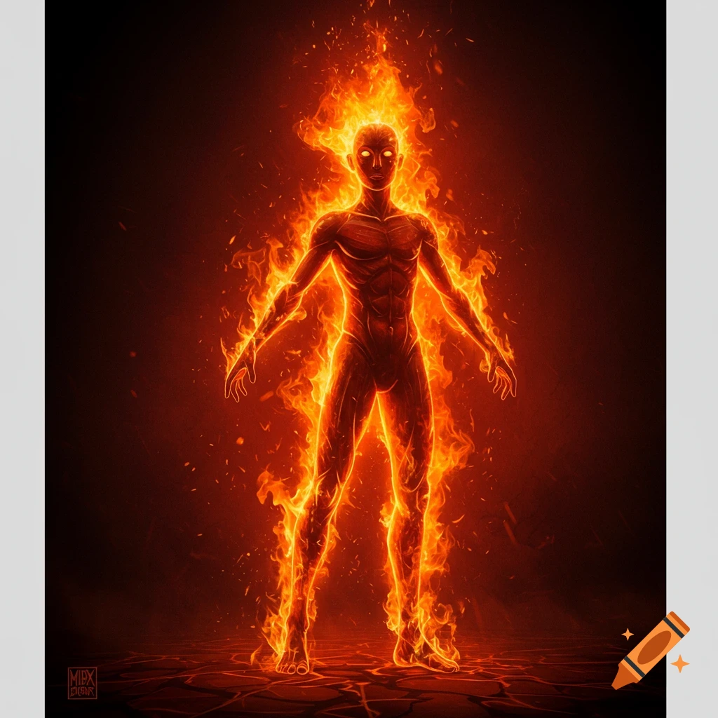 A human figure stands engulfed in intense orange flames on cracked ground.