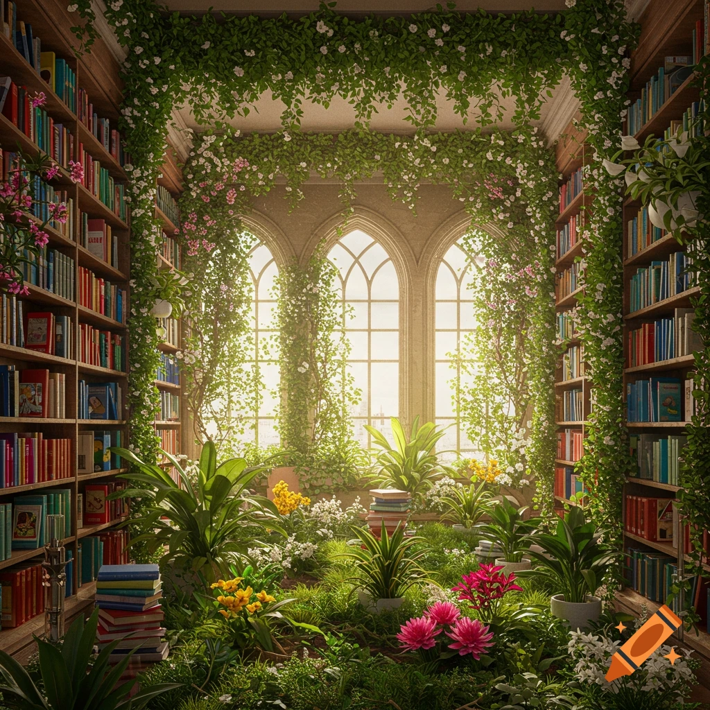 A library room overgrown with lush green plants and flowers, sunlight streaming through large windows.