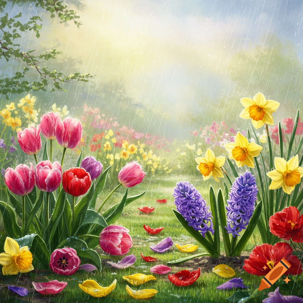 Colorful spring flowers in a garden during a rain shower.