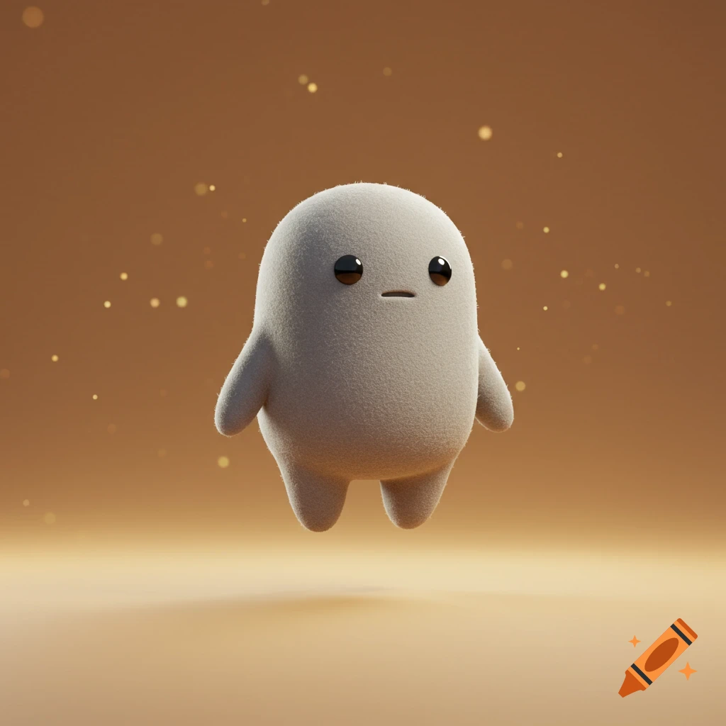 A small, fluffy, white cartoon creature with large eyes floats against a warm brown background.