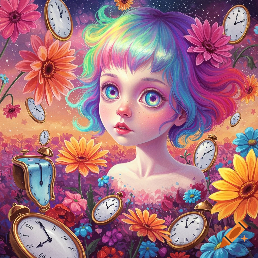 A girl with rainbow hair and big eyes among giant flowers and melting clocks in a surreal, colorful landscape.