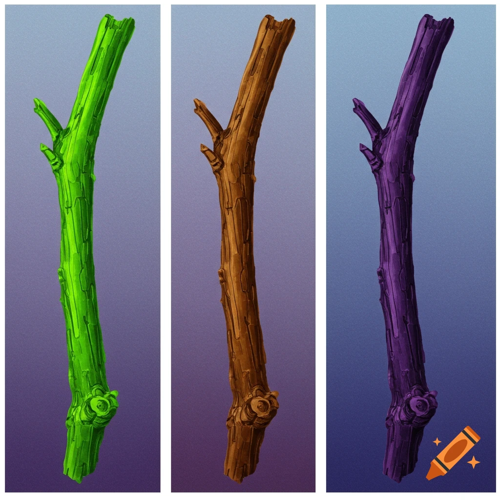 Three stylized branches in green, brown, and purple against a gradient background.