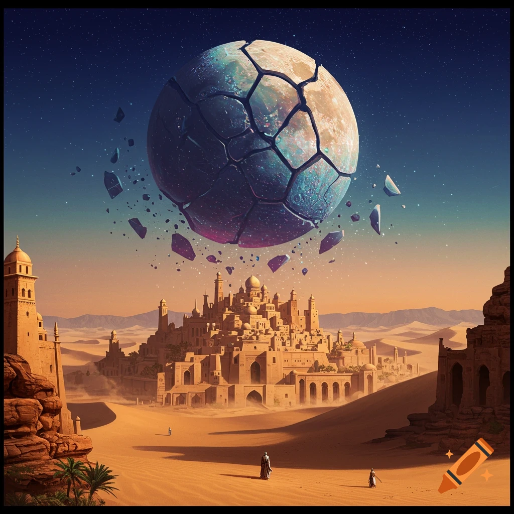 A shattered moon hangs above a desert kingdom.