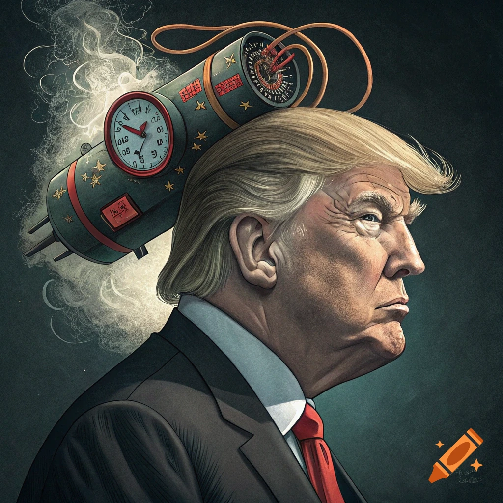 Illustration of Donald Trump with a time bomb strapped to his head.