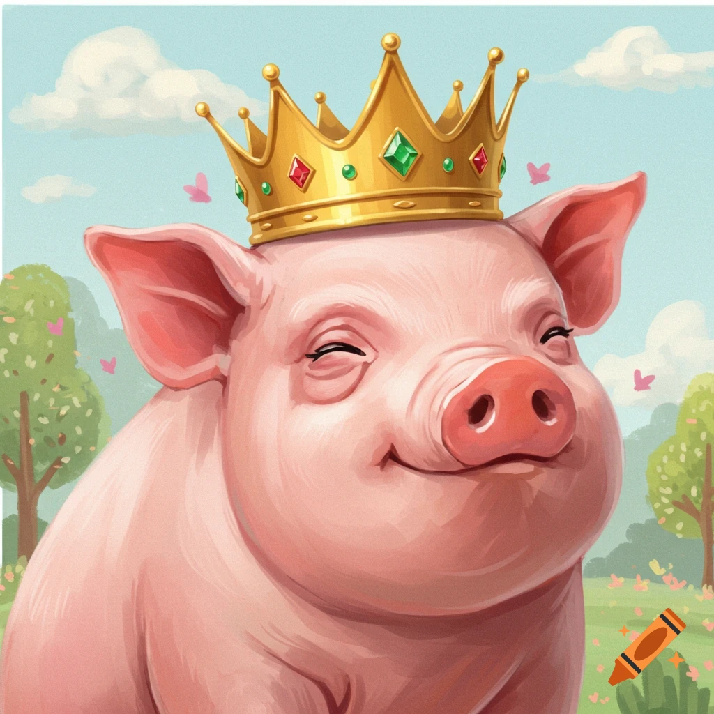 Close-up of a happy pig wearing a golden crown in a field with butterflies.
