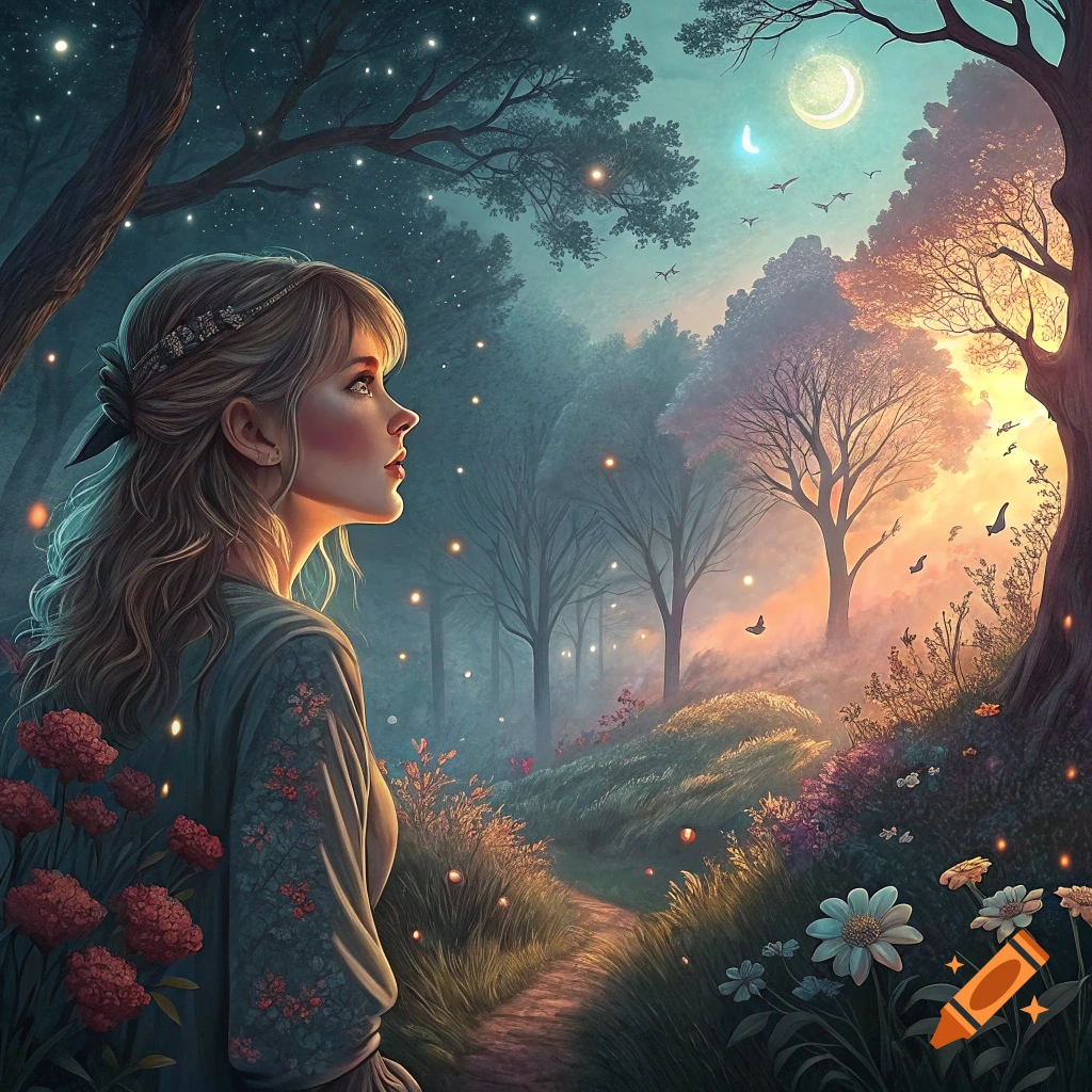 Fantasy art of a young woman looking up in a magical forest at night with glowing lights, stars, moon, and birds.