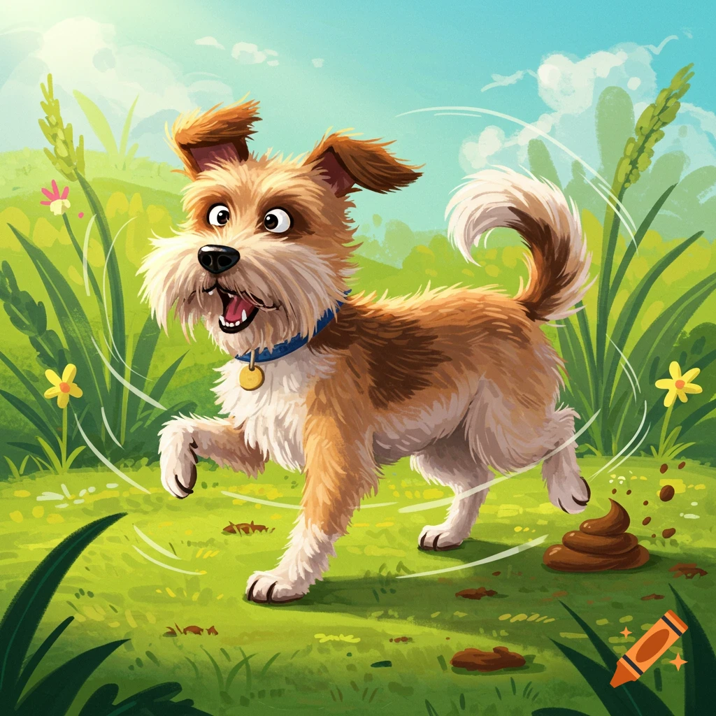 A cartoon dog looks surprised while spinning near a pile of poop in a grassy field.
