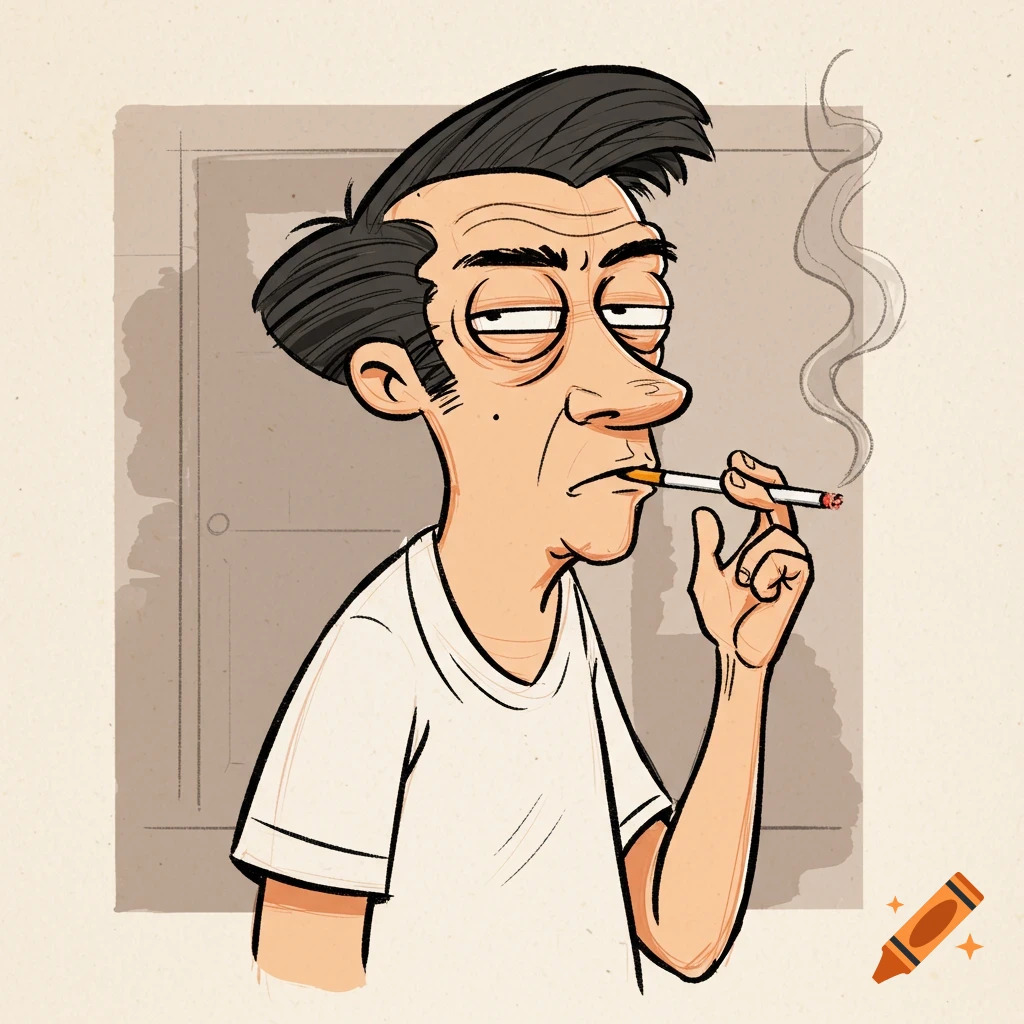 A cartoon sketch of a tired-looking man smoking a cigarette.