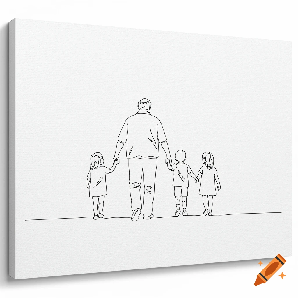Minimalist black line drawing of a man walking hand-in-hand with three children.