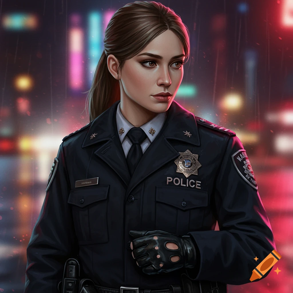 A female police officer wearing a black coat and gloves, standing in the rain in a city at night.