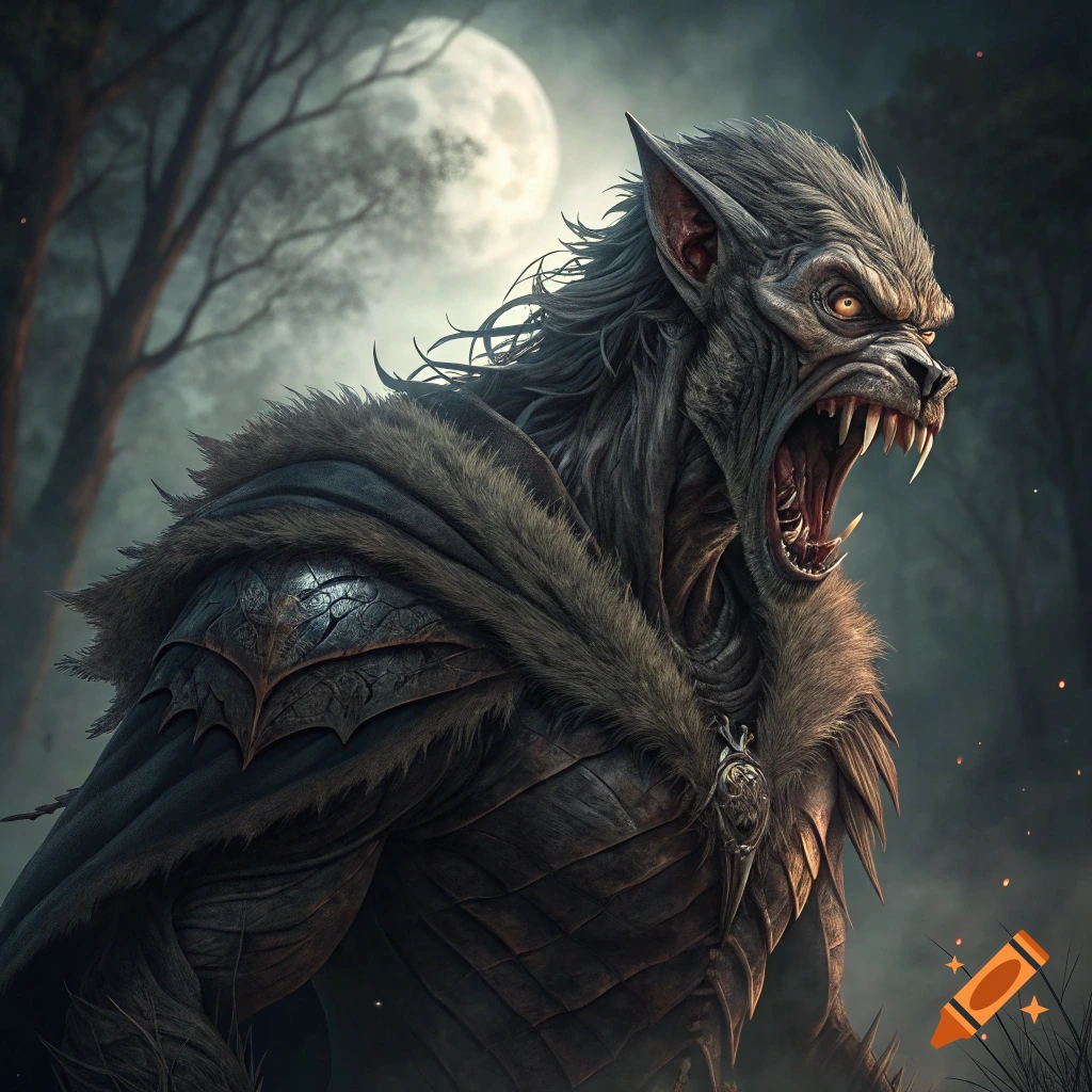 A snarling werewolf in armor stands under a full moon in a forest.