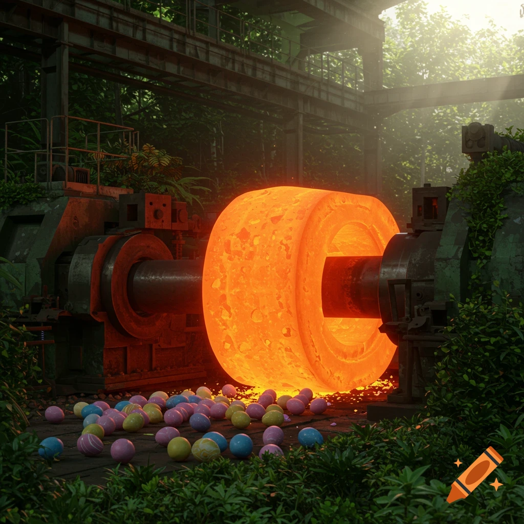 A giant glowing hot metal coil on a rolling mill in a jungle, surrounded by colorful Easter eggs. Photorealistic render.