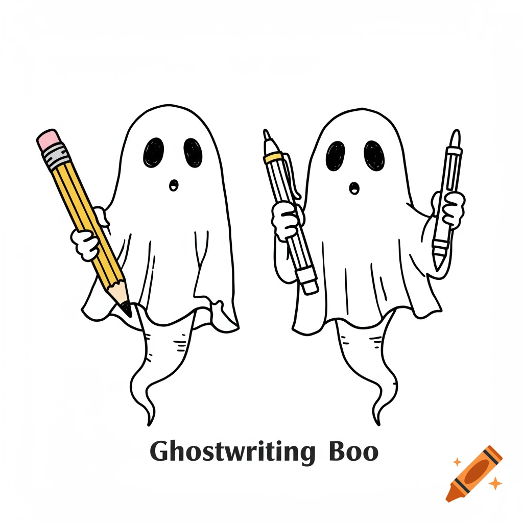 Simple line drawing illustration of two friendly sheet ghosts holding a pencil and a pen with text Ghostwriting Boo