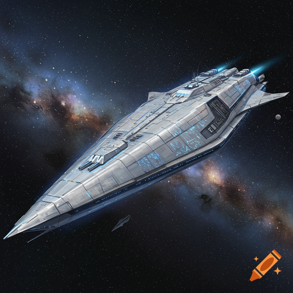 A sleek silver futuristic spaceship flies through space with a bright galaxy in the background.