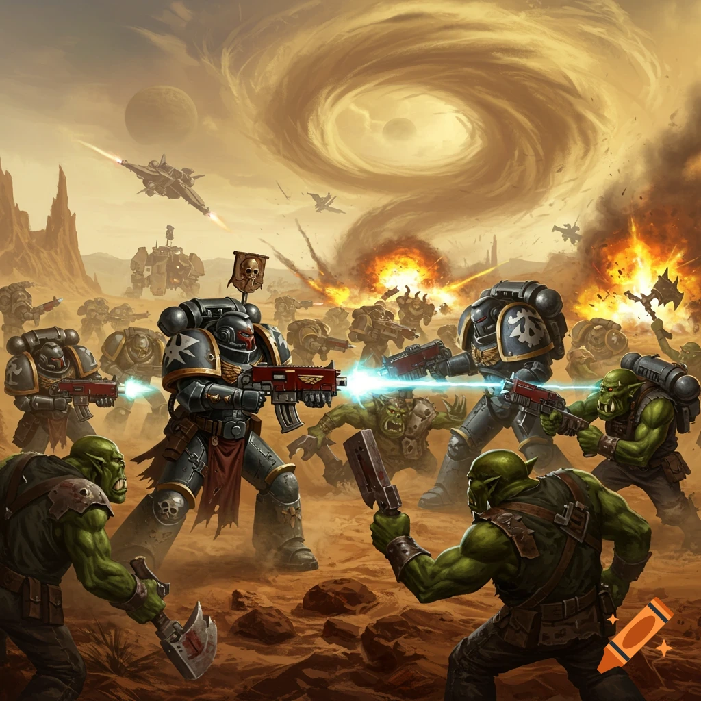 Space Marines battling Orks on a sandy planet battlefield.