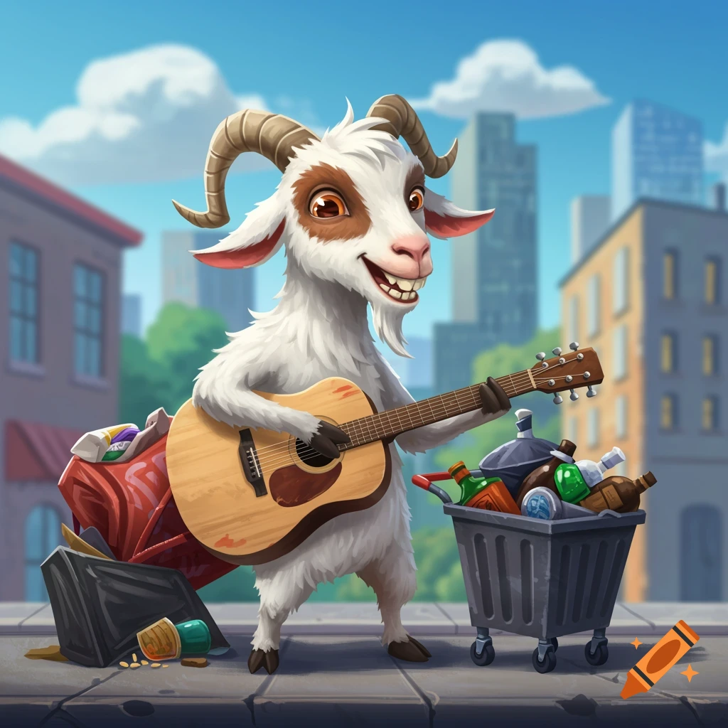 Cartoon goat playing guitar by trash cans in a city