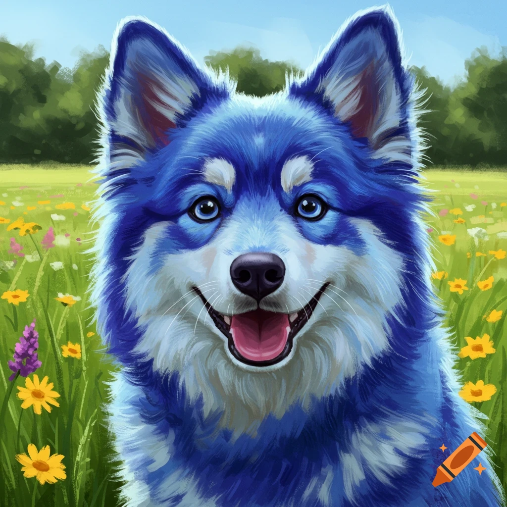 A blue and white husky dog sits in a field of yellow and purple flowers.