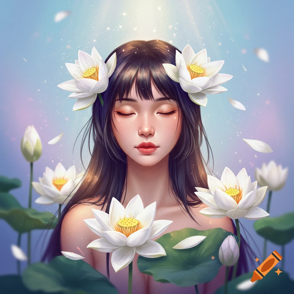 A woman is surrounded by white lotus flowers.