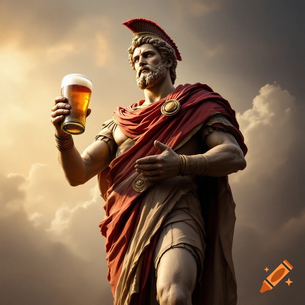 A Roman statue holds a beer against a cloudy sky.