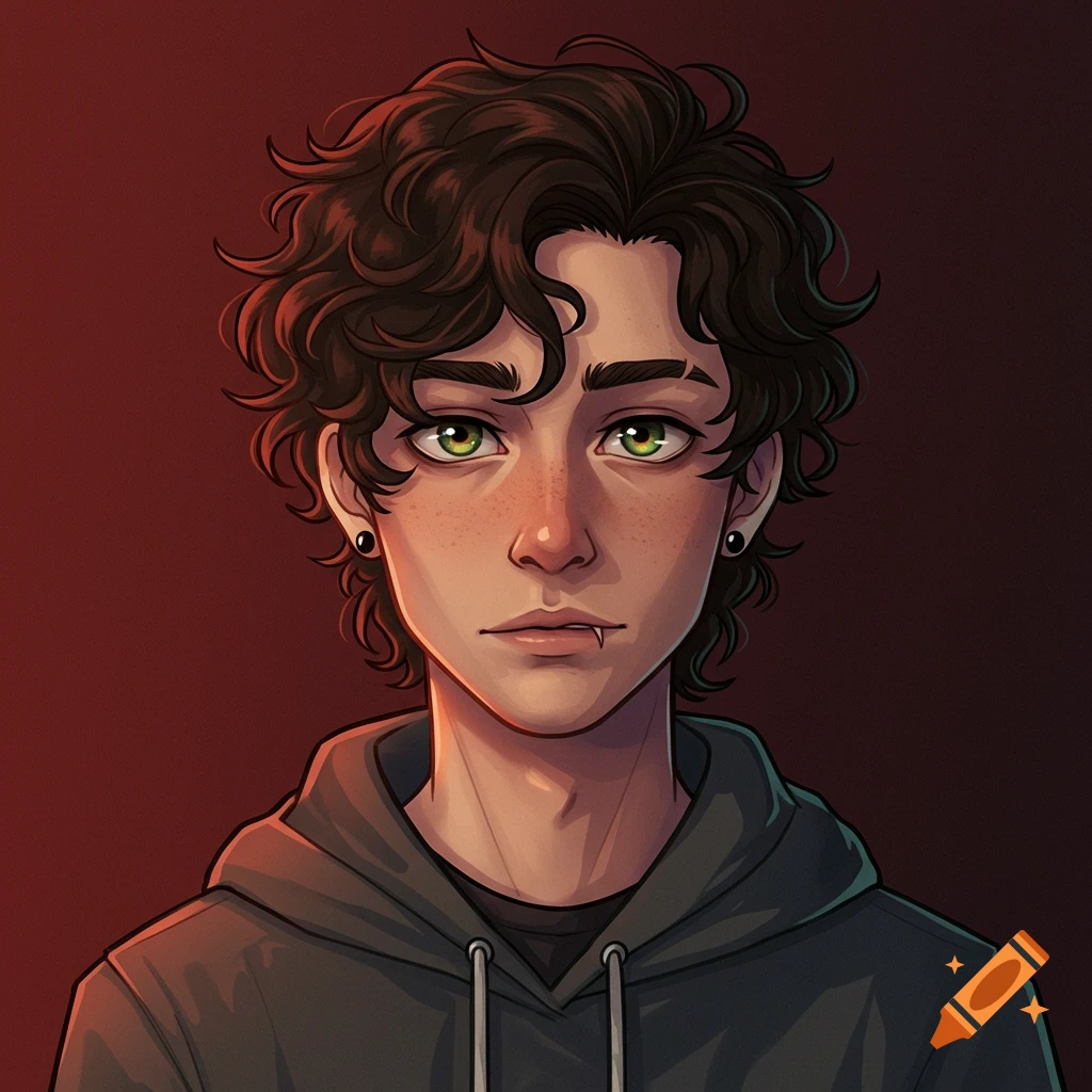 Stylized portrait of a young man with curly dark hair, green eyes, freckles, and subtle fangs, wearing a gray hoodie.