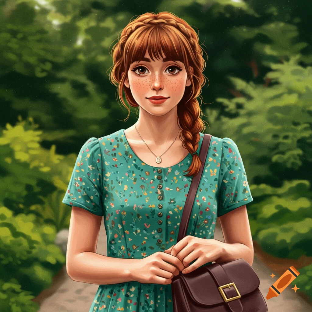 A young woman with braided red hair and freckles, wearing a floral dress and carrying a bag in a park.