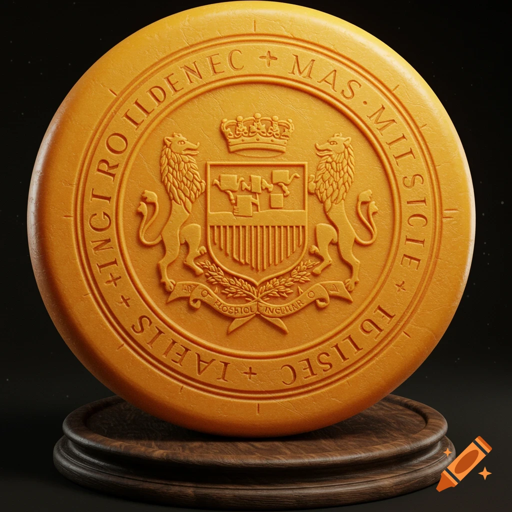 A round seal made of cheese with an embossed coat of arms and illegible text around the edge, resting on a wooden base.