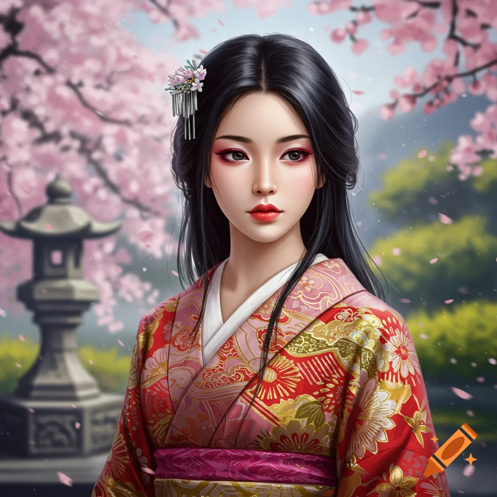 A Japanese woman in a red kimono stands in a cherry blossom garden.