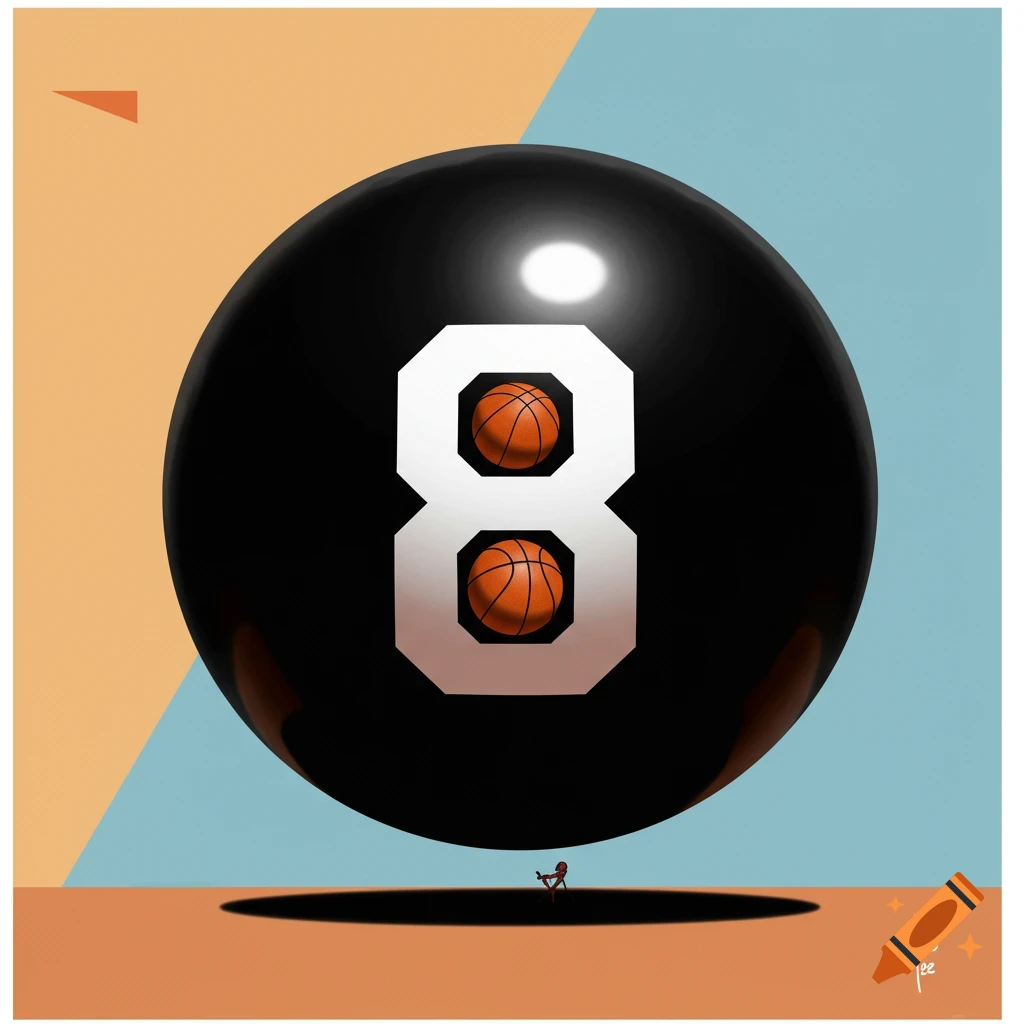 A giant 8-ball with basketballs inside hangs over a small figure. Digital illustration.