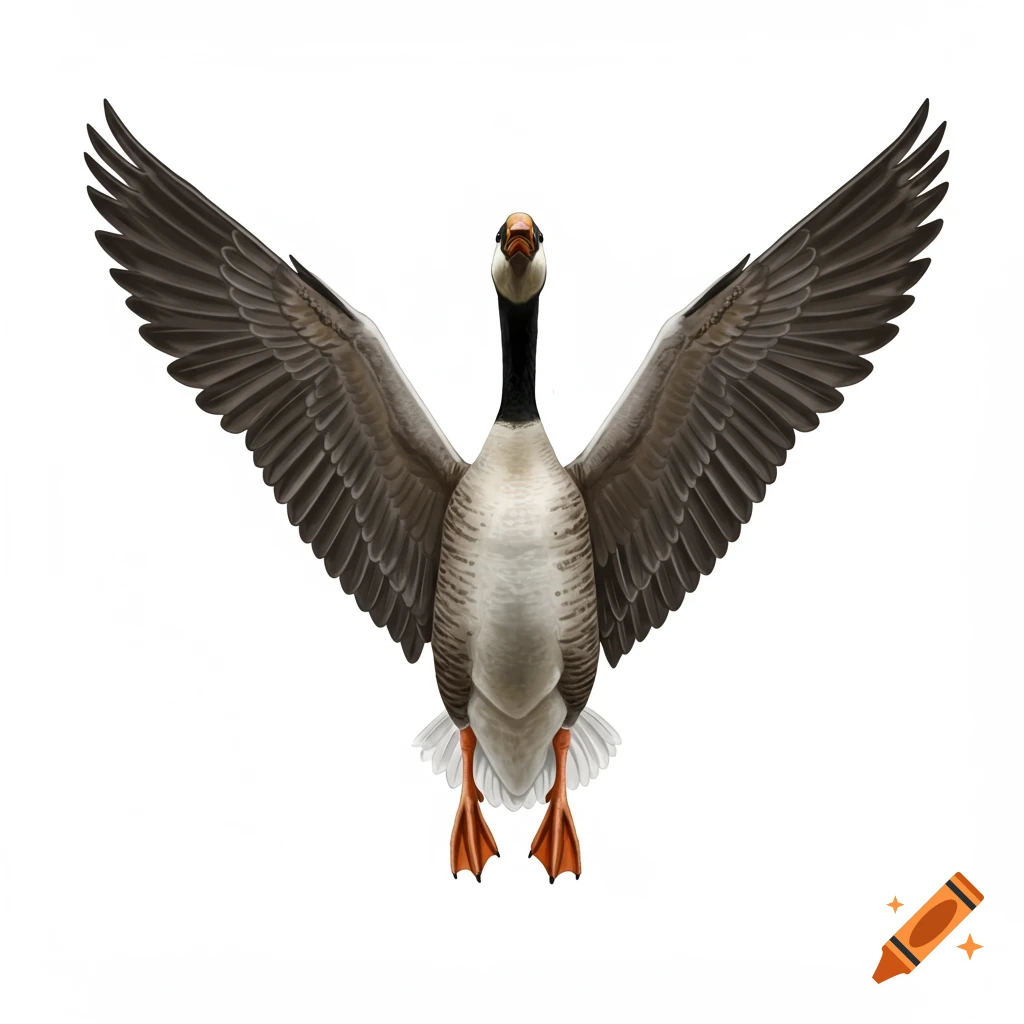 Front view of a goose flying with wings spread
