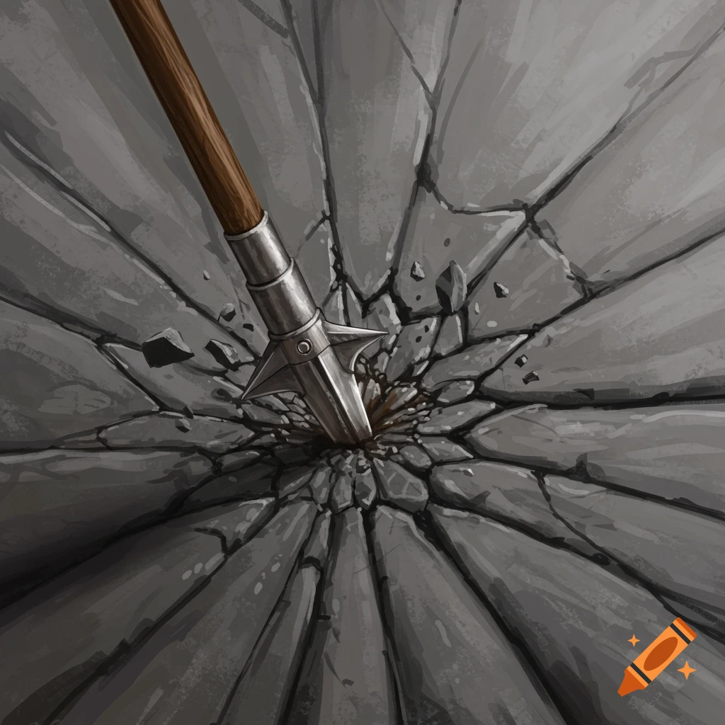 A spearhead thrust into cracked stone, viewed from above.