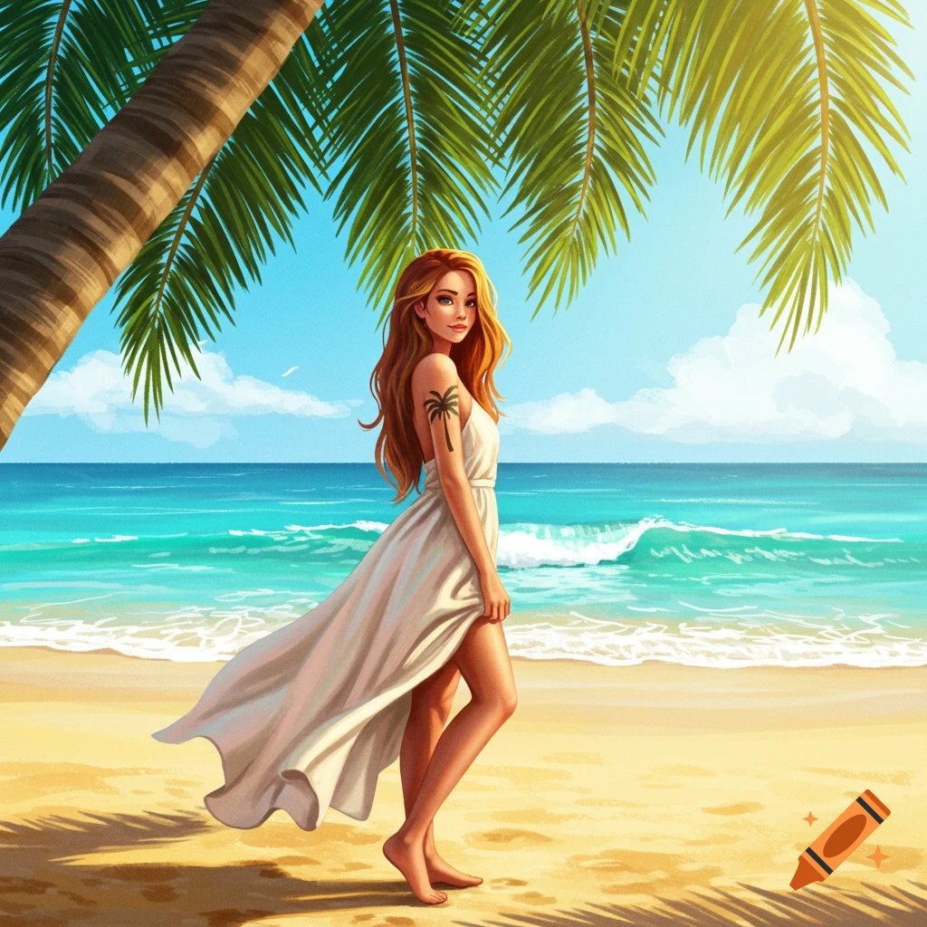 A woman in a sundress stands on a beach under a palm tree.