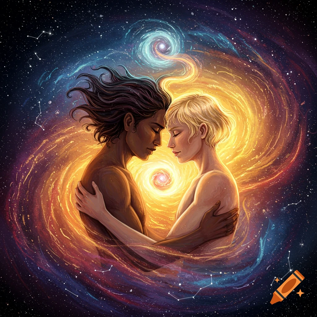 Two figures are embracing in a cosmic nebula.